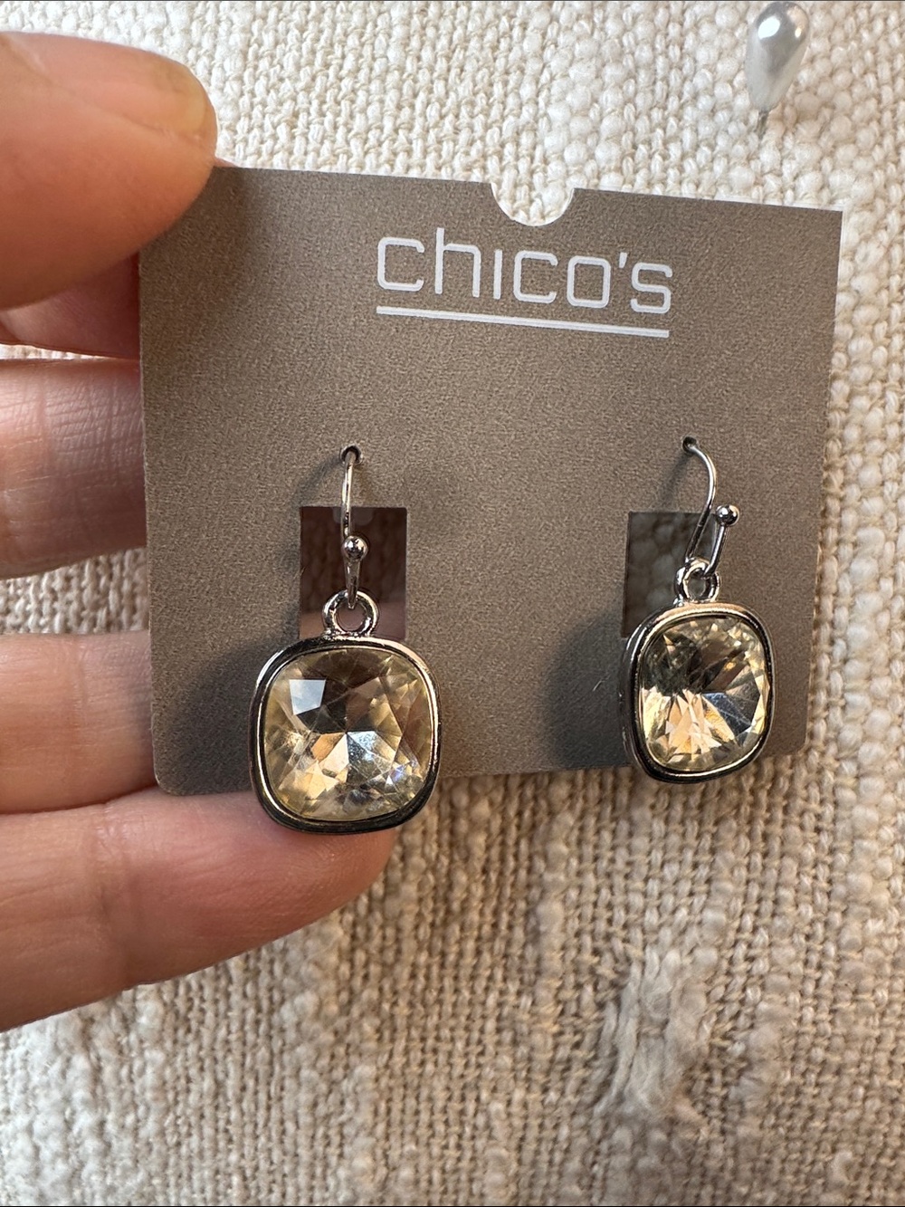 0201-Chico's‎ Silver-Tone Champagne Crystal Cushion Drop Earrings
